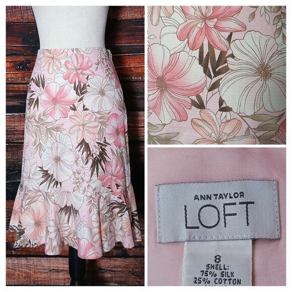 LOFT Dresses & Skirts - Ann Taylor LOFT Skirt Size 8 Silk Blend Pink Floral Side Zip Lined Flared